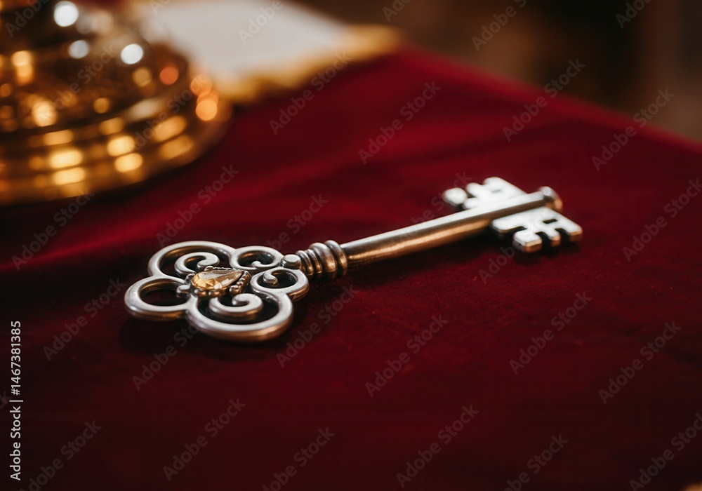Ornate antique silver key on rich velvet red surface in ambient light