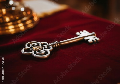 Obraz na płótnie Ornate antique silver key on rich velvet red surface in ambient light w salonie