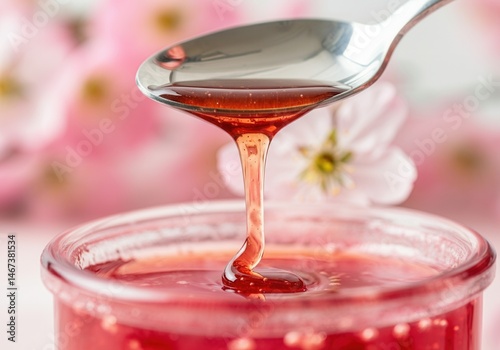 Obraz na płótnie Silver spoon drizzling cherry blossom syrup with cherry blossoms in soft focus background w salonie