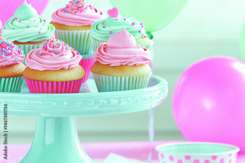 Colorful festive cupcakes with pastel frosting and sprinkles on a cake stand with balloons