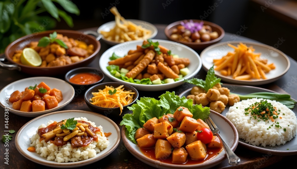 A stunning display of various exotic dishes from different cultures arranged on a table A stunning display of various exotic dishes from different cultures arranged on a table