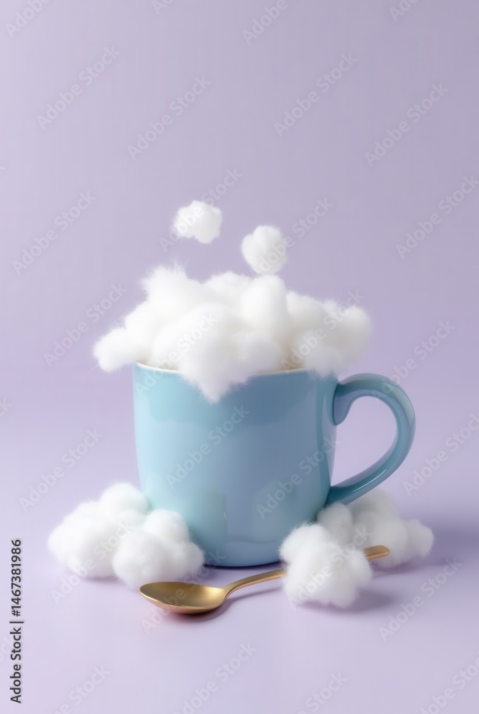 Whimsical blue mug filled with cotton clouds and golden spoon on pastel background