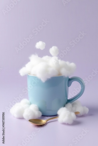 Obraz na płótnie Whimsical blue mug filled with cotton clouds and golden spoon on pastel background w salonie