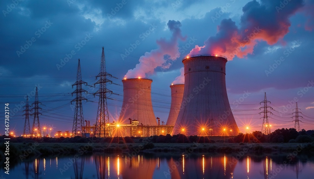 Fototapeta premium Large power plant with connecting power lines, wind power plant, industry