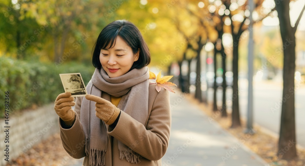 Asian woman in autumn attire smiling at vintage photo on tree-lined street