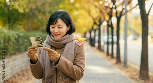 Obraz na płótnie Asian woman in autumn attire smiling at vintage photo on tree-lined street w salonie
