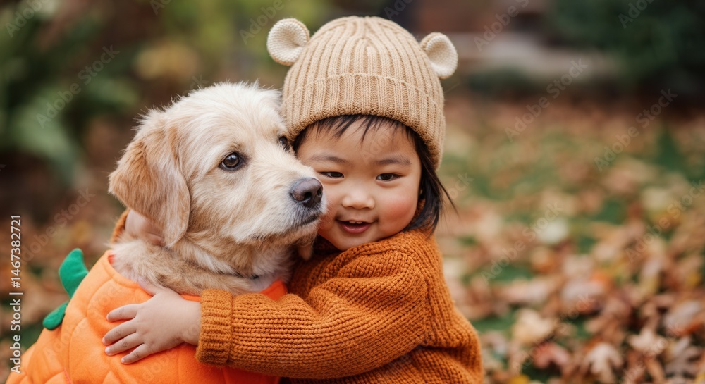 Adorable child hugging dog in pumpkin costume amidst autumn leaves