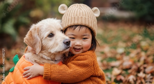 Obraz na płótnie Adorable child hugging dog in pumpkin costume amidst autumn leaves w salonie
