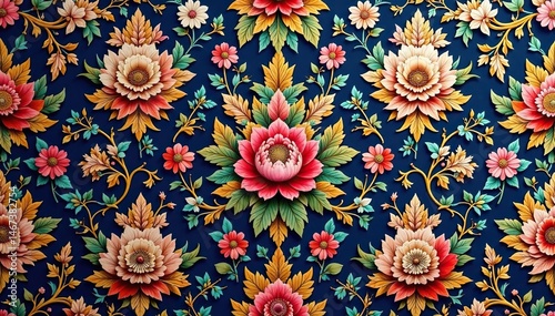 Intricate floral damask textile, repeating motif, wallpaper pattern, fashion, style
