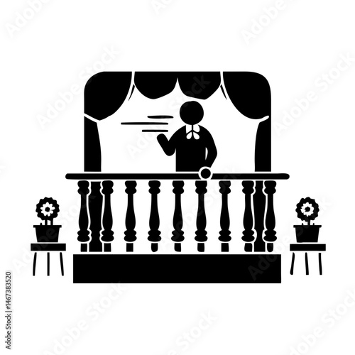 Black and white image of a man on a balcony waving