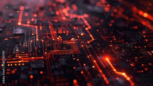 Glowing orange circuit board with detailed lines and patterns on a dark background. Digital art for design. Abstract image of wireframe or motherboard with glowing color with electronic parts. AIG53.