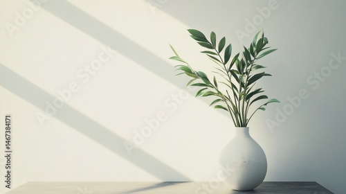 Minimalist interior scene with plant in vase.