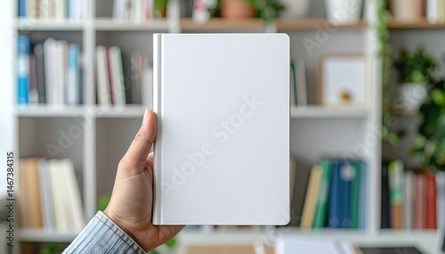 A hand holds a plain white cover book in front of a blurry bookshelf.