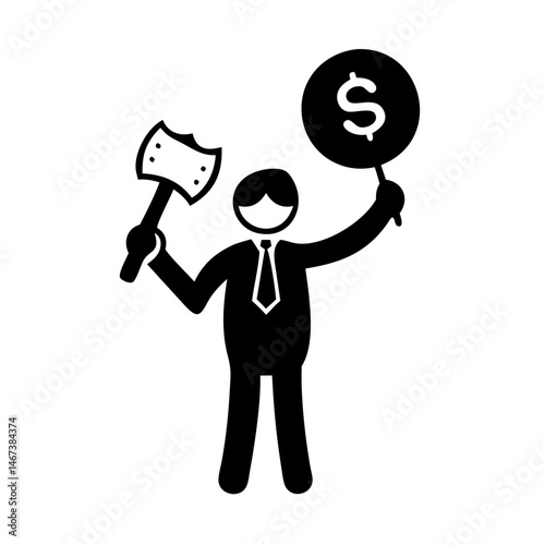 Stick figure businessman holding axe and dollar sign, symbolizing budget cuts