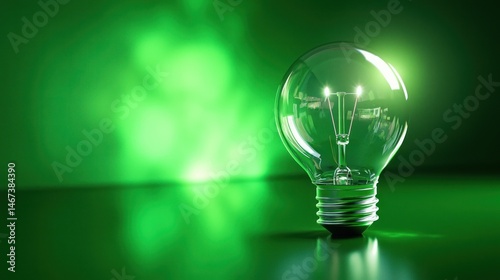A green light bulb emitting a bright, glowing light against a dark green background. photo