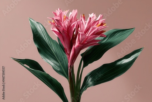 Pink tropical flower with lush green leaves