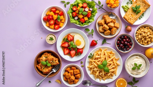 A colorful arrangement of diverse international food items on a vibrant purple background