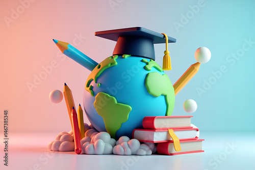Educational globe concept with books pencils and a graduation cap representing global education