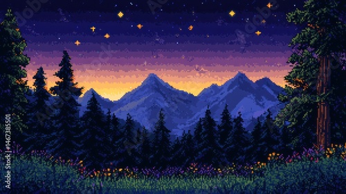Pixel art depicting a serene twilight mountain range scene with a forest and wildflowers in the foreground.