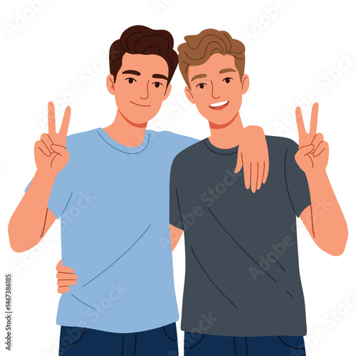 Two Friends Making Peace Signs and Smiling Together in a Cheerful Moment of Friendship