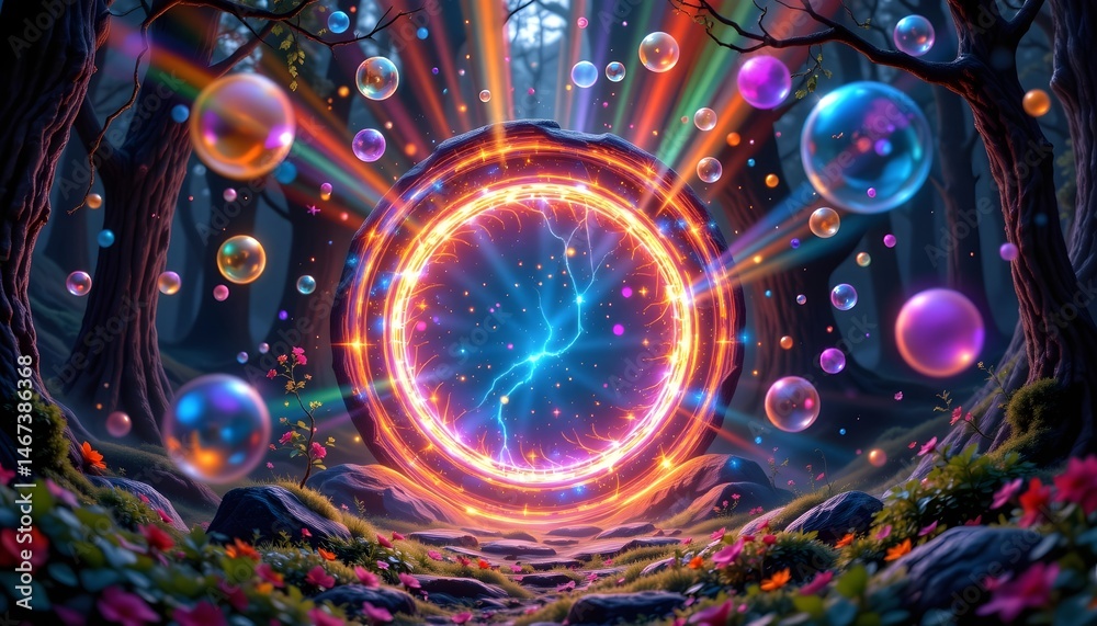 Glowing orb of light nestled within a forest surrounded by lush greenery and mystical elements Glowing orb of light nestled within a forest surrounded by lush greenery and mystical elements