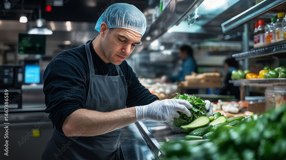 Obraz premium Man in hairnet and gloves carefully folds sandwich overflowing with greens and pickles, in gleaming modern grocery deli station