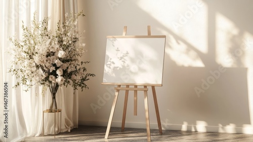 Blank canvas on wooden easel in sunlit room with flowers.