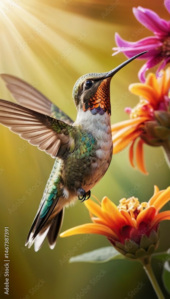 Fototapeta premium Hummingbird Sipping Nectar from Vibrant Zinnia Flowers