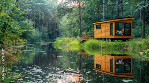 Fototapeta Naklejka Na Ścianę i Meble -  Tiny home in nature stock photo --ar 16:9 --raw --v 6 Job ID: f4fa7961-f386-4c11-ac03-d69e79a335f1