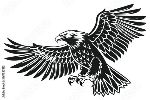 164 Black and white illustration, majestic eagle, spread wings, fierce pose, tribal style, silhouette art, bold lines, feather details, powerful talons, sharp beak, high contrast, symmetrical design, 