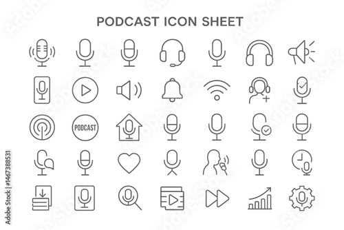 Podcast Icon Sheet:  A curated collection of 36 minimalist line icons symbolizing various aspects of podcasting, such as microphones, headphones, play buttons.