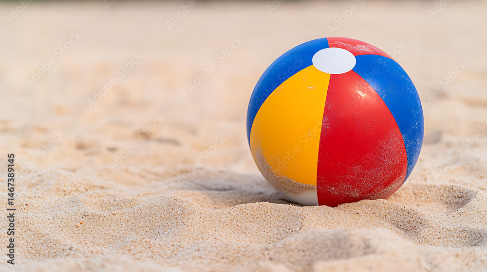 Obraz premium Colorful beach ball on the sand, perfect for summer fun. Enjoy your days relaxing on a warm sandy beach with recreational games on your summer vacation.