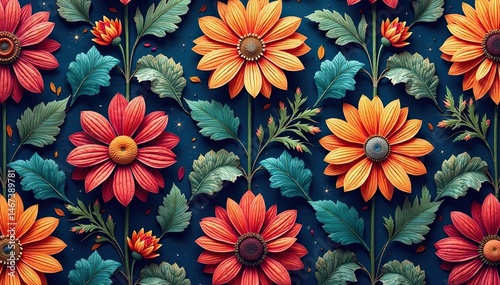 Intricate floral textile design, repeating motif , surface, print