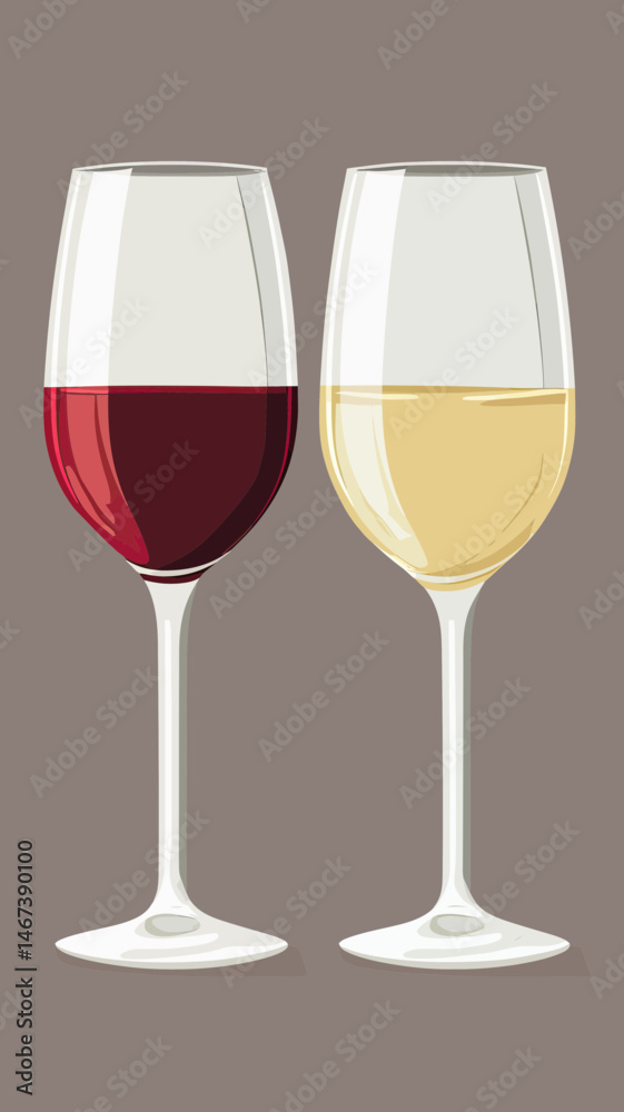 Pair of elegant red and white wine glasses filled half full isolated on neutral background minimalist vector illustration for drink and lifestyle concepts Pair of elegant red and white wine glasses filled half full isolated on neutral background minimalist vector illustration for drink and lifestyle concepts