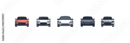 Set of five minimalist flat design front view car icons in various colors including red, white, silver, and black with modern styling and clean lines on white background