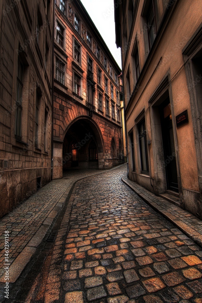 Fototapeta premium Narrow cobblestone street winding through historic European buildings under an arched passageway.