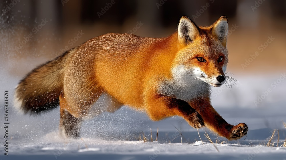 Obraz premium Fox mid-pounce in snowy field, frozen in action with blurred snow spray and telephoto compression, 300mm lens