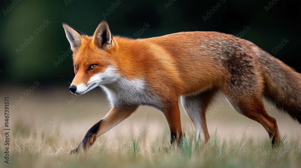 Fox running across open meadow, captured in stride with background blur and sharp foreground focus, 300mm Fox running across open meadow, captured in stride with background blur and sharp foreground focus, 300mm