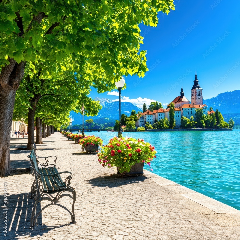 Obraz premium Scenic lakeside promenade with benches, trees, and colorful flower pots, overlooking a historic church and mountains under a clear blue sky.