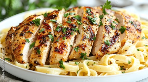 Sliced chicken breast over fettuccine pasta.  A flavorful dish with tender, browned chicken and creamy pasta