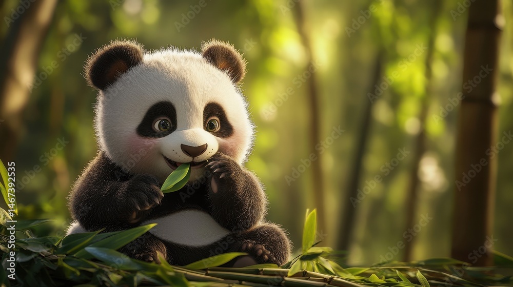Obraz premium Charming baby panda enjoying a leaf amidst lush bamboo in a serene, softly lit forest setting