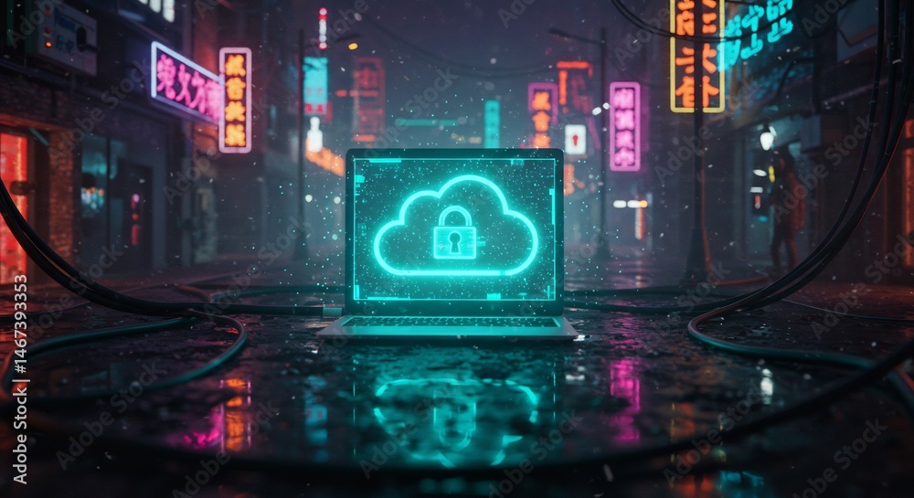 Cyberpunk Cityscape with Neon Lights and Secured Cloud Data on Laptop Cyberpunk Cityscape with Neon Lights and Secured Cloud Data on Laptop