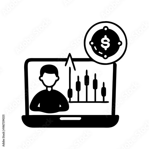 Online trading and investment analysis, laptop screen showing financial market analysis