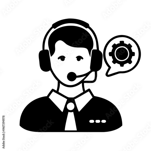 Customer service representative providing technical support, wearing headset and tie