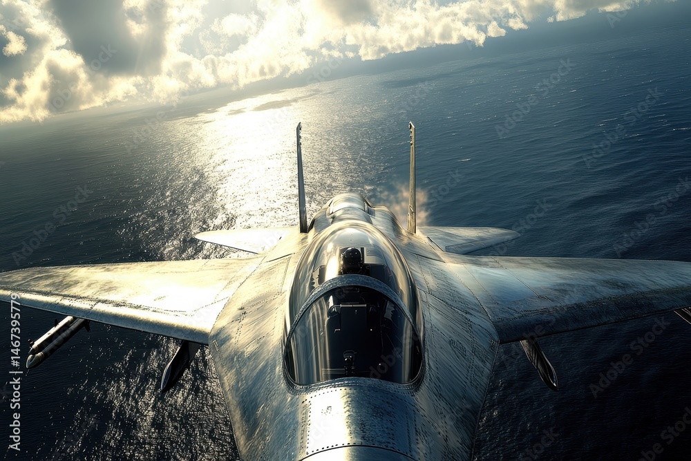 Fototapeta premium Sleek Fighter Jet Flying Over Tranquil Ocean Under Dramatic Clouds