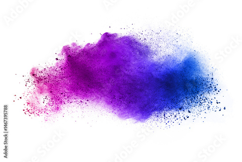 Explosion of colored powder and dust smoke splash red and blue purple on white background	