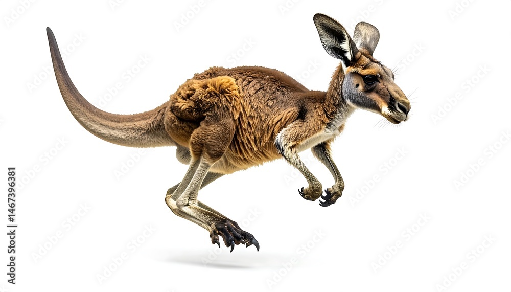 Fototapeta premium Red Kangaroo in Mid-Leap Against White Background