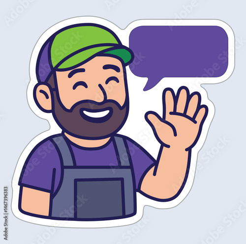 Smiling cartoon worker with green cap waving and speech bubble for message or greeting.