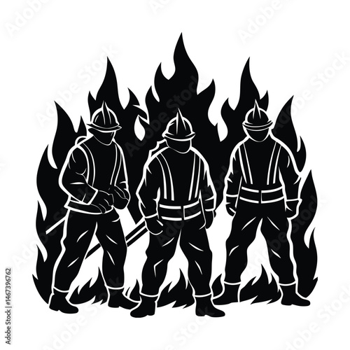 Firefighters silhouetted in front of flames on white background 