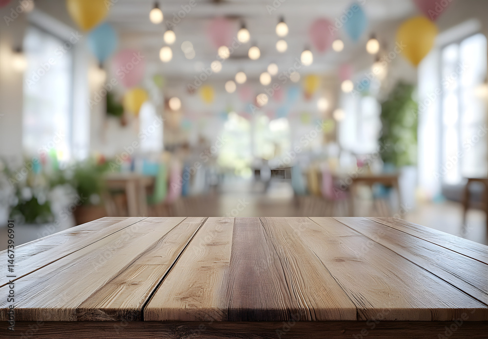 Empty wooden table with blurred party on background, fun / spring concept. 3d rendering.